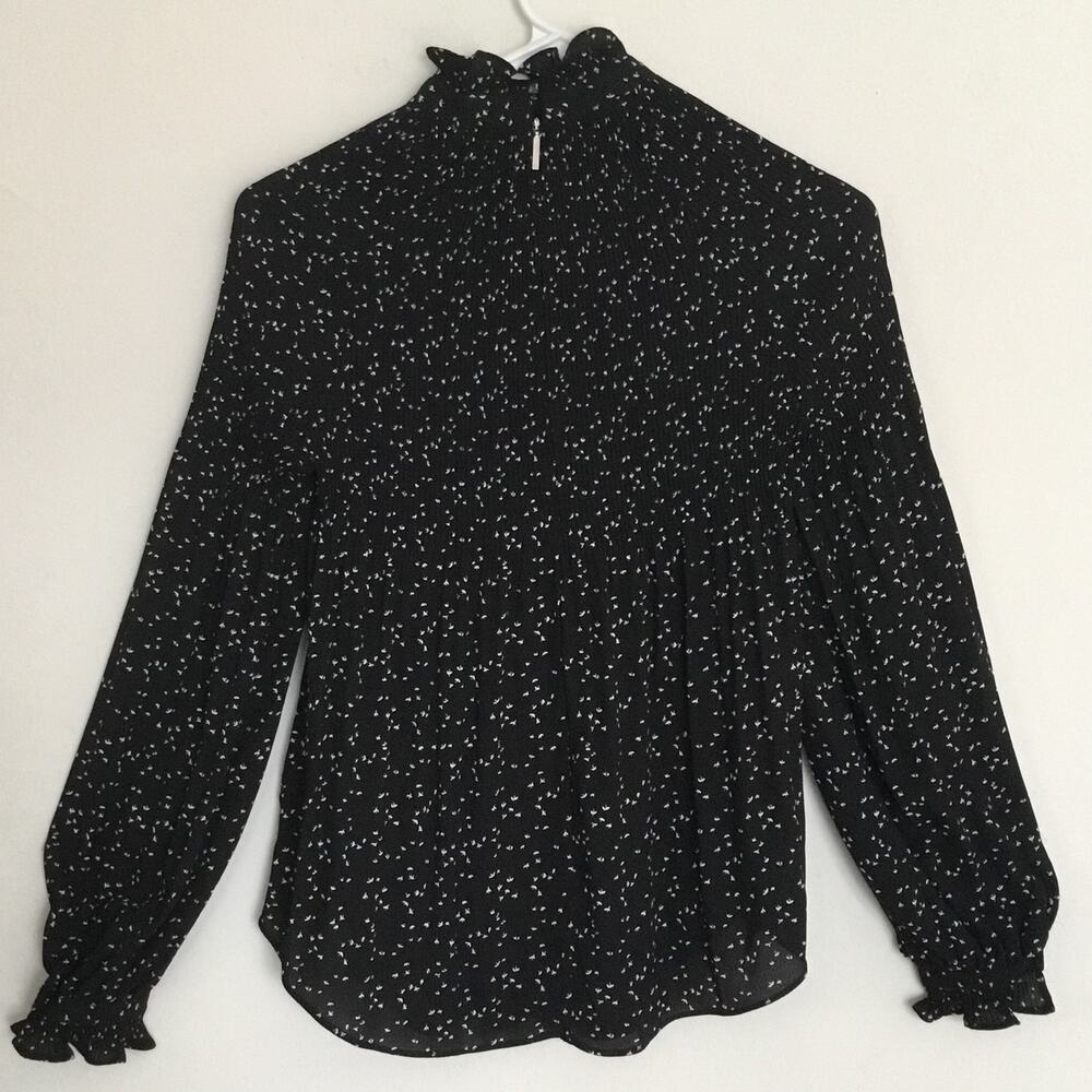 Lauren Ralph Lauren Pleated Long Sleeve Chiffon Black/White Birds Blouse Sz PXS - Picture 2 of 9
